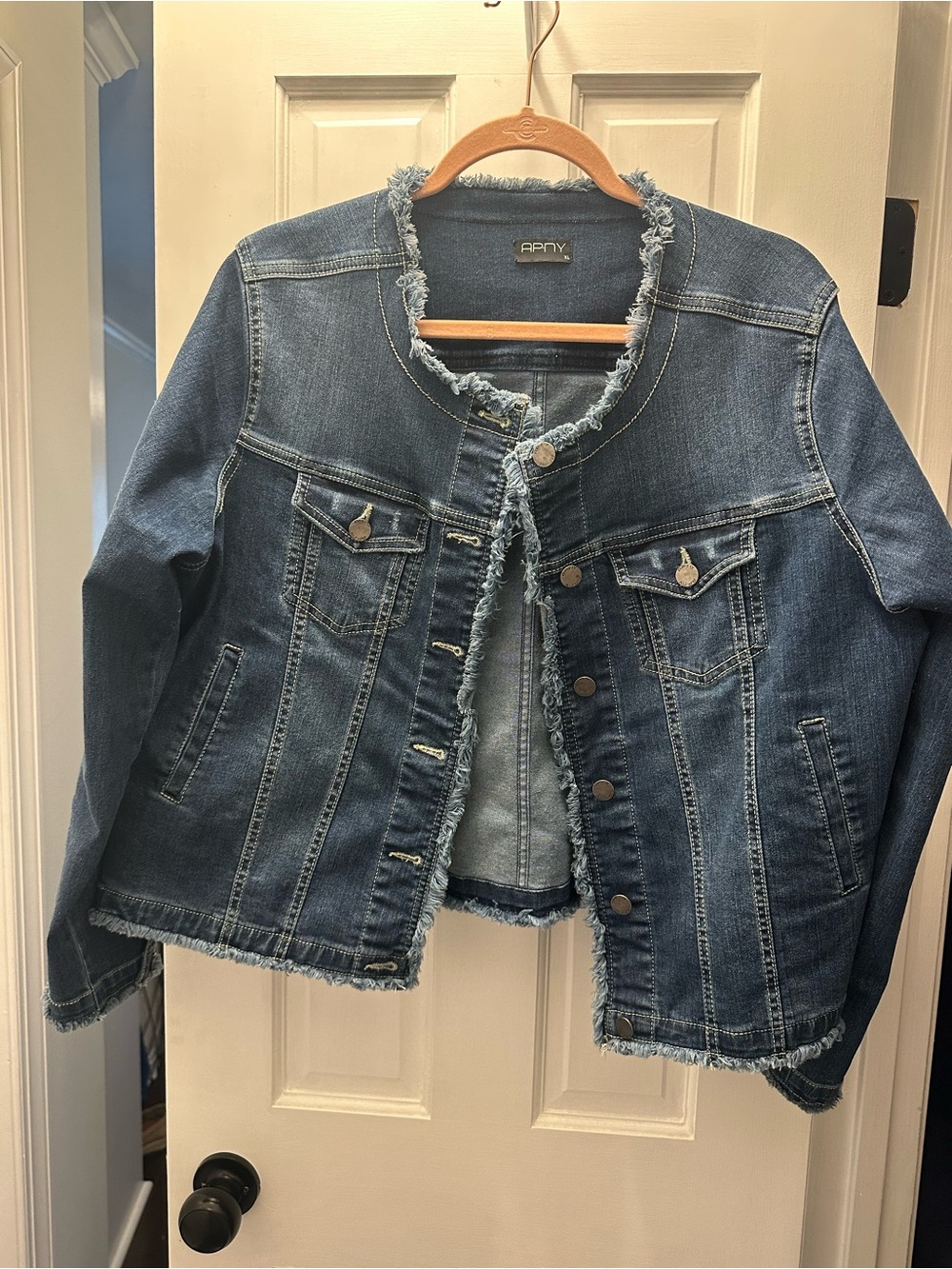 APNY Women's Frayed Collarless Denim Jacket